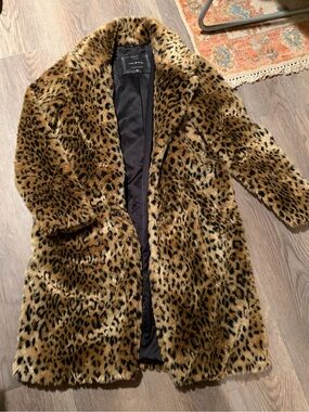 Lucky Brand Faux Leopard Teddy Coat in Tan and Black